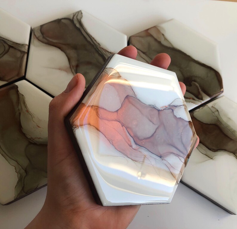 Custom Hexagon Ceramic Coasters Alcohol Ink Coasters Hand Etsy