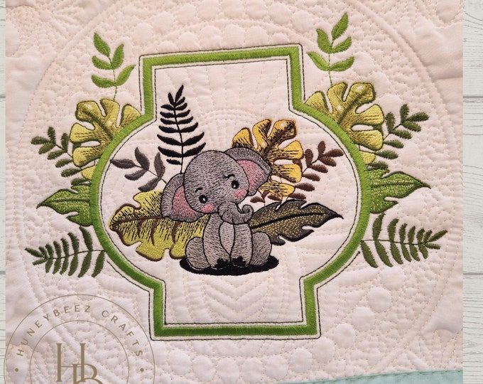Personalized - Custom  - Baby Quilt  - Safari Adventure Baby Elephant - Embroidered