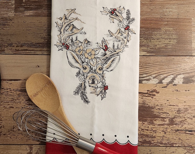 Personalized - Custom Towels -  Reindeer Sketch Kitchen Towels - Christmas