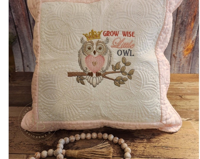 Personalized, Wise Little Owl pink quilted baby pillow sham