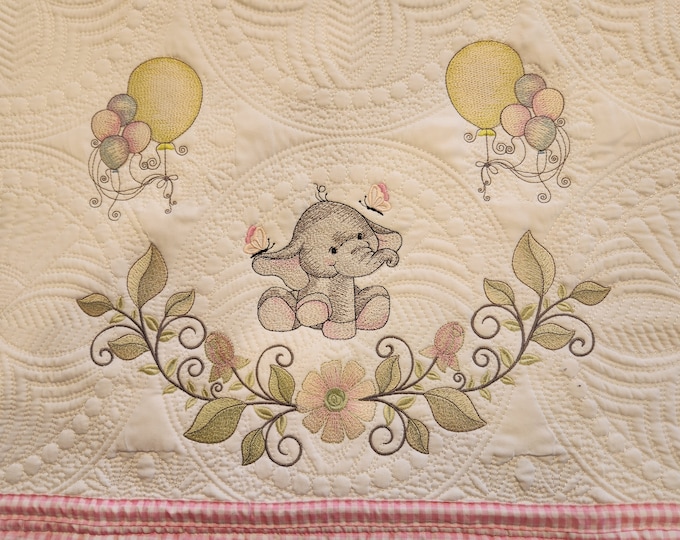 Custom Baby Quilt | Personalized | Pink Ellie & Balloons | Elephant Baby Blanket |