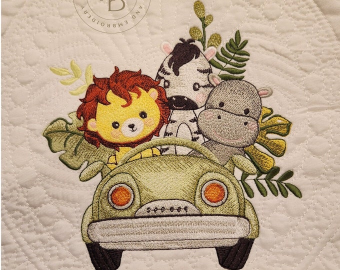 Personalized Baby Quilt: Safari Animals, Embroidered Cotton Heirloom