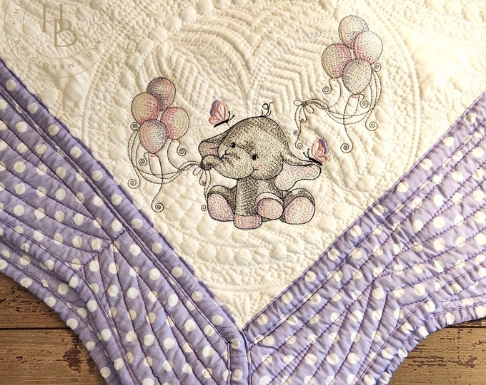 Custom Baby Quilt: Pink Elephant & Balloons, Personalized Nursery Blanket