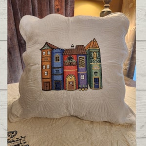 Custom Pillow, Booked Up Book Village quilted pillow cover