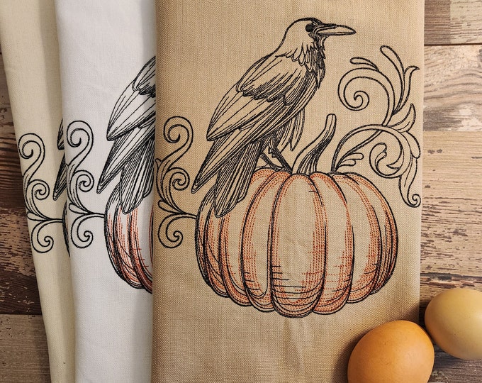 Personalized - Custom Towels - Halloween Raven & Pumpkin Kitchen Towels