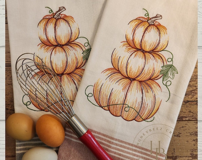 Personalized - Custom Towels - Harvest Stacked Pumpkins - Embroidered - Fall - Halloween