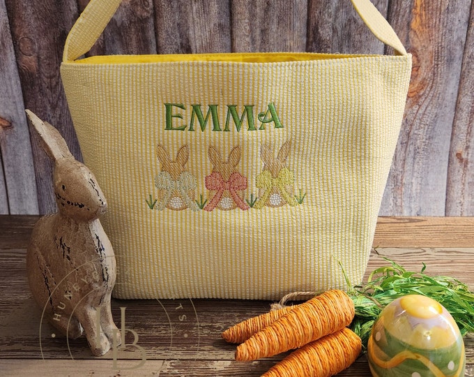Personalized Seersucker Easter Basket: Bunny Trio, Monogrammed Easter Bag