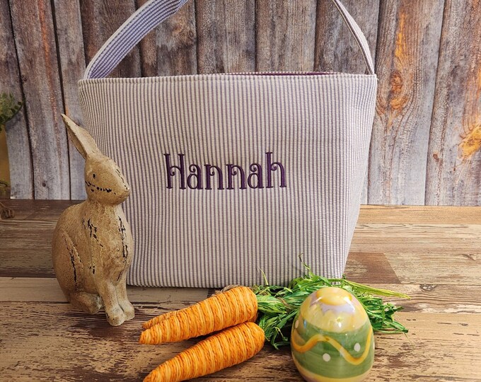 Personalized Seersucker Easter Basket: Monogrammed Easter Egg Hunt Bag