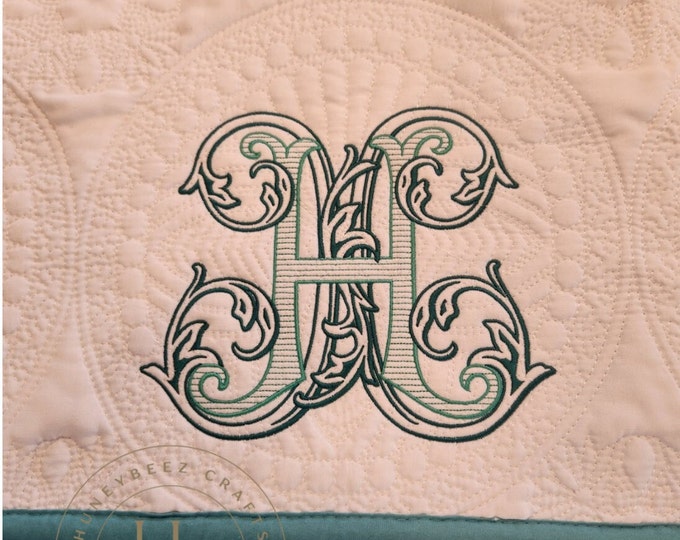 Custom Embroidered Baby Quilt: Vines Monogram, Cotton Heirloom