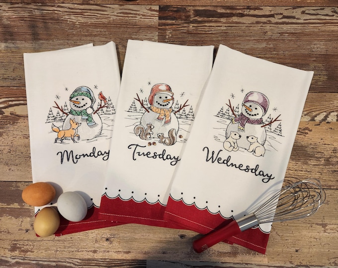 Personalized - Custom Towels -  Country Snowmen Days of the Week Towels - Christmas