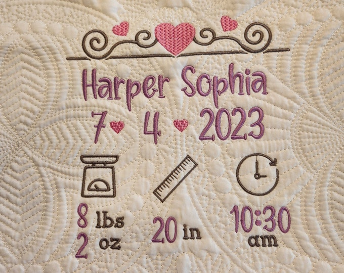 Custom Embroidered Baby Quilt: Hearts Design, Personalized Newborn Gift