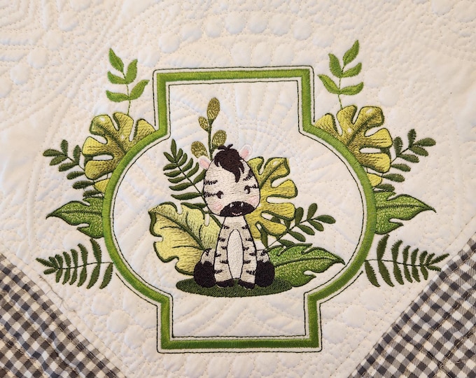 Personalized - Custom  - Baby Quilt  - Safari Adventure Baby Zebra - Embroidered