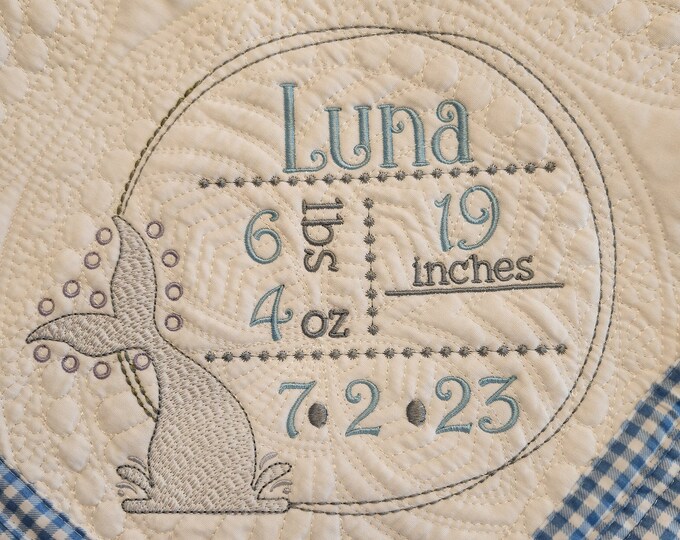 Custom Embroidered Baby Quilt: Mermaid Birth Announcement, Cotton Heirloom