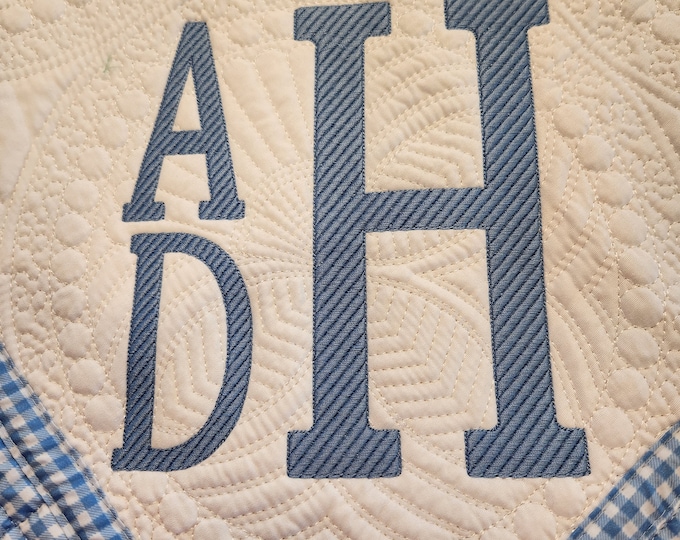 Custom Embroidered Baby Quilt: Stacked Monogram, Cotton Heirloom