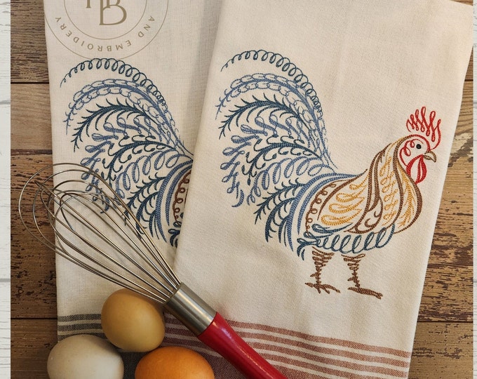 Personalized - Custom Towels - Calligraphic Farmhouse Rooster, Embroidered