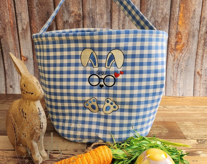 Personalized Gingham Easter Basket: Bunny Glasses Design
