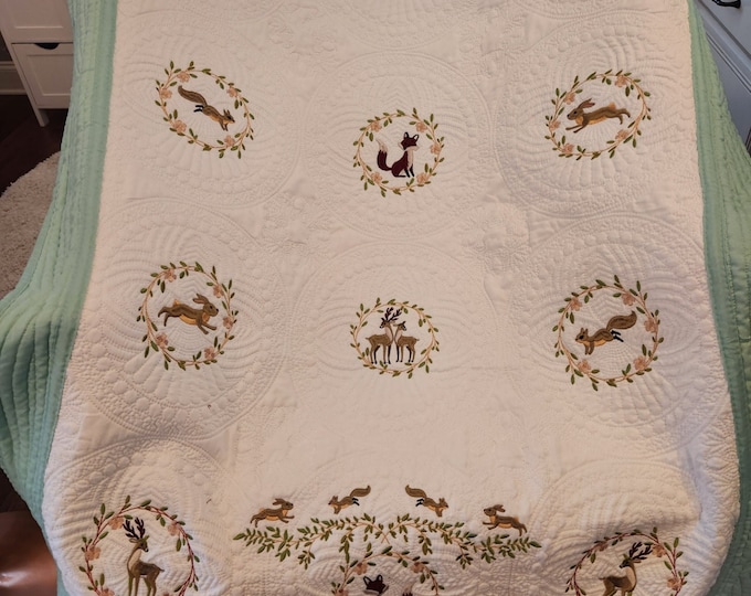 Personalized Baby Quilt: Tiny Woodland Animals, Embroidered Cotton Heirloom