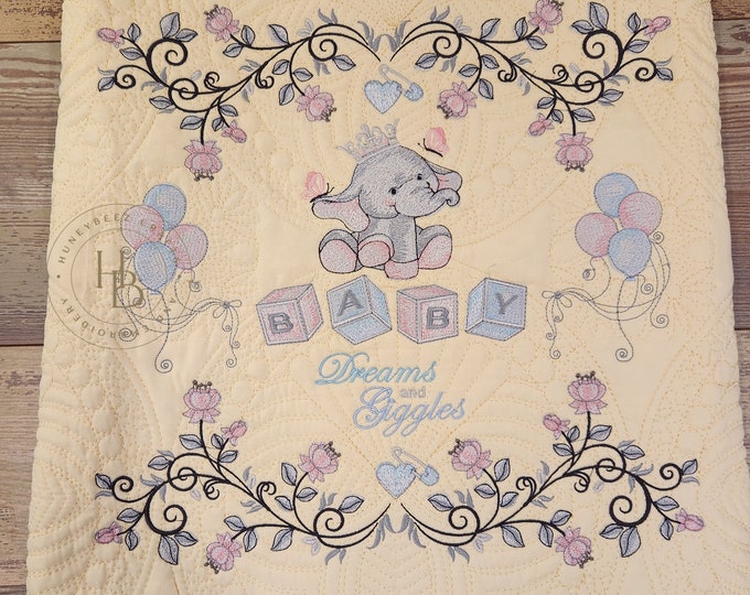 Personalized Baby Quilt: Embroidered Elephant Nursery Decor