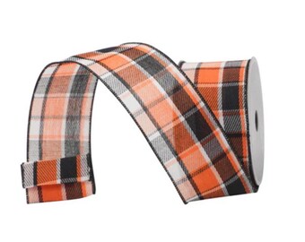 Orange Black Plaid Wired Halloween Fall Ribbon 2.5 Inch 10 Yards-RS261-87