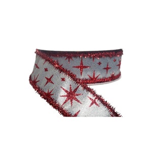 RG0833926-1.5&quot;x10YD Retro Stars Metallic Tinsel Wired Christmas Ribbon-Silver/Red,Silver and Red Christmas Ribbon,Holiday Ribbon,Red Stars