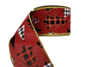 Ruban de Noël à carreaux pour sapin, 2,5 pouces x 10 yards, ruban métallique bordeaux pour couronnes, noeuds, travaux manuels et décoration des fêtes-R9040-05
