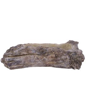 May include: A hollow planter shaped like a weathered tree log with a textured, brown and gray bark exterior. The elongated vessel features a rough, organic surface finish that mimics the appearance of natural wood grain and knots throughout.
