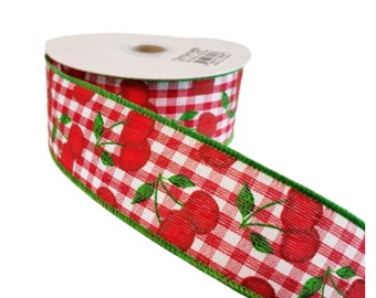 RGA164956-1.5"x10YD Cherries on Gingham Check-Red/White/Green,Wreath Supplies,Craft Supplies,Spring ribbon,Summer Ribbon,Cherry Ribbon