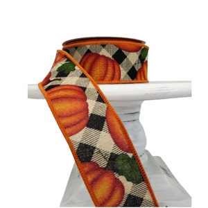 R10209-18-Wired Pumpkin w/Leaves/Check on Royal-Natural/Orange/Yellow/Moss,Wired Fall Ribbon,Wreath Supplies,Craft Supplies,( 1.5 in x 10 yd