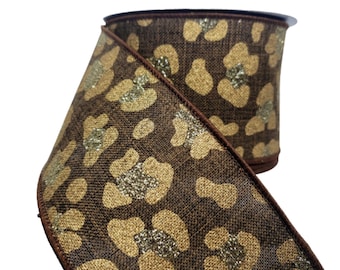 RGB141304-2.5"x10YD imprimé léopard sur brun royal/or/or clair, fournitures de couronne, fournitures d'artisanat, ruban imprimé léopard, ruban imprimé animal