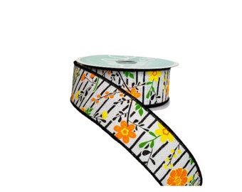 RGA17552R-1.5"x10YD Floral Lines on Royal Spring Wired Ribbon-White/Orange/Yellow,Spring Flower Ribbon,Summer ribbon,Wreath Supplies