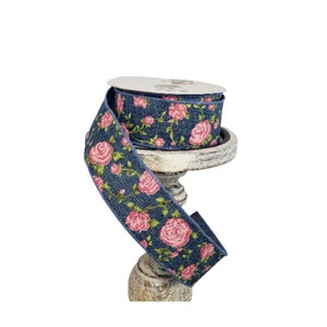 Q921609-03-1.5&quot;x10YD Denim Linen/Pink Roses Spring Ribbon,Floral Ribbon,Spring roses ribbon,denim and pink,wreath supplies,Farmhouse ribbon