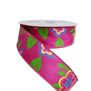 92226W-222-09J 1.5&quot;x25 Yards Fuchsia Hot Pink Floral Wired Ribbon,Spring Flower Ribbon,Easter Ribbon,25 yard roll of ribbon,Pink ribbon