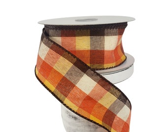 1.5"x10YD Fall Plaid Wired Ribbon - Cream/Orange/Yellow/Brown - Rustic Charm for Autumn Crafts and Decor (61016-09-38)