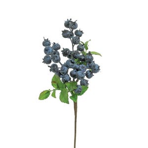 May include: A decorative artificial stem featuring a cluster of round, dark blue berries with a dusty finish. The stem includes several small, serrated green leaves attached to a thin, brown, rigid stalk, creating a realistic botanical appearance.