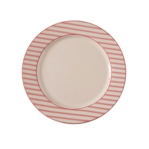 May include: A round ceramic dinner plate featuring a solid cream-colored center and a wide rim decorated with thin, horizontal red stripes. The plate has a smooth, glossy finish and a clean, circular edge, presenting a simple and functional design.