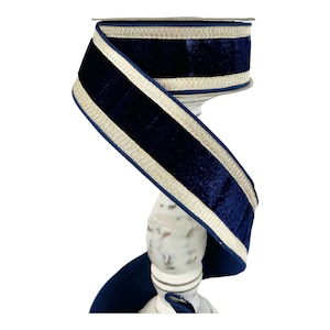 2.5&quot;x10yd Designer Farrisilk Pleated Borders Velvet Holiday Ribbon in Navy & Platinum - Luxurious Elegance Holiday Ribbon-RK299-21