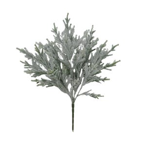 May include: A single artificial evergreen branch with a frosted appearance. The branch features multiple small, needle-like leaves in shades of green and is coated with a layer of white frost. The stem is a dark green color.