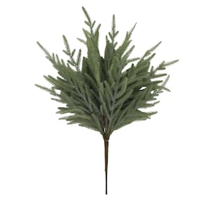 May include: An artificial pine branch spray featuring multiple stems with dense, needle-like foliage in a muted sage green color. The individual branches extend outward from a central brown stem, creating a full, textured, and realistic botanical appearance.