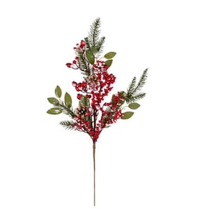 May include: A red berry and pine sprig artificial floral arrangement with a brown pine cone. The berries are frosted with white.