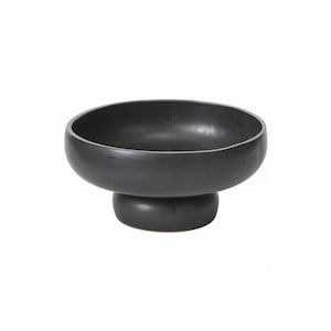 May include: A matte black bowl with a wide, circular opening and a smooth, rounded interior. The bowl is supported by a thick, cylindrical pedestal base that matches the matte black finish of the main vessel, creating a unified, solid appearance.