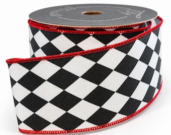 Farrisilk 2.5" Red Black White Jester Diamond Wired Ribbon-RA691-32