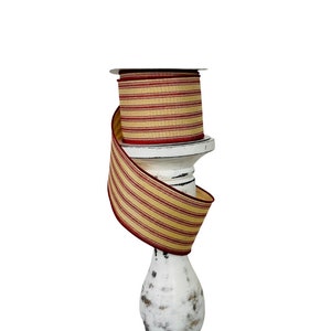 RGE1497CM-2.5&quot;x10ydTicking Stripe Wired Ribbon- Red/Tan, Natural Ribbon,Farmhouse Ribbon,Wreath Supplies,Craft Supplies