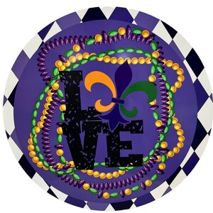 11.75 "Metal redondo púrpura Mardi Gras Signo de amor, Decoraciones púrpura de Mardi Gras, Signo de corona de Mardi Gras, Signo de metal redondo, Signo de corona