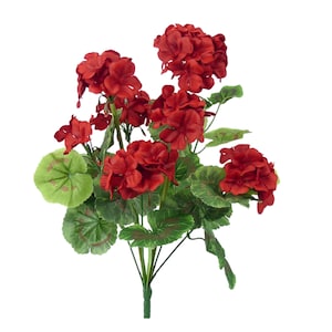 May include: A vibrant bouquet of artificial red geraniums. The flowers are a deep crimson, with multiple blooms clustered together. The green leaves have a distinctive pattern. The stems are wrapped in green tape, creating a natural look.
