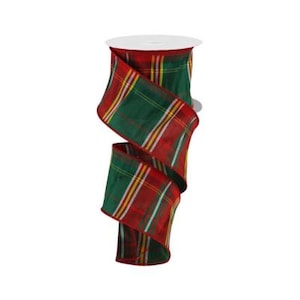 2.5&quot; x 10yd Holiday Plaid Faux Dupioni Wired Ribbon - Red, Green, and Gold - Perfect for Christmas Crafts and Decorations - RGA12321J