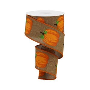 2.5&quot; x 10yd Fall Pumpkin and Leaf Burlap Ribbon - Brown, Orange, Moss - Perfect for Autumn Crafts and Decorations -RGA147104