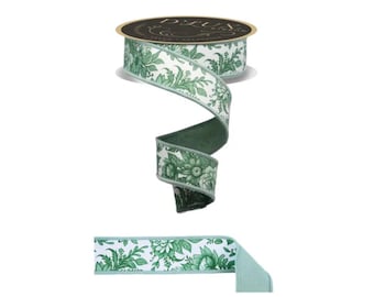 Chinoiserie Floral Double Sided Wired Ribbon 1.5"x10yd Sage Green D'Lux Brand-LX312527