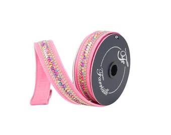 1"x10yd Bubblegum Pink Heart Strings Farrisilk Wired Ribbon | Valentine Craft Ribbon, Bows, Gift Wrapping, Wreaths-SR106-74