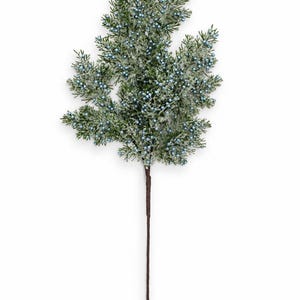 May include: A decorative artificial evergreen branch featuring green needle-like foliage dusted with a white frost-like coating and accented with numerous small, shiny light blue berries attached to a long, thin, brown stem for floral arrangements.