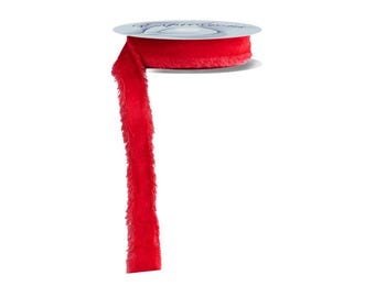 25 mm ausgefranstes Samtband Rot | Nicht verdrahtetes, weiches Stoffband für Bögen, Geschenke, Blumenschmuck und Hochzeiten-RN591024